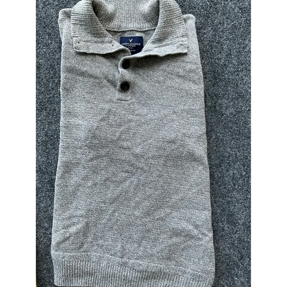 American Eagle Mens Mock Neck Button Sweater Heather Grey Classic Fit Large L